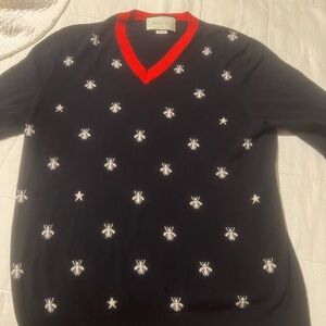 Gucci Men's Navy V-Neck Sweater with Red Trim and White Embroidery